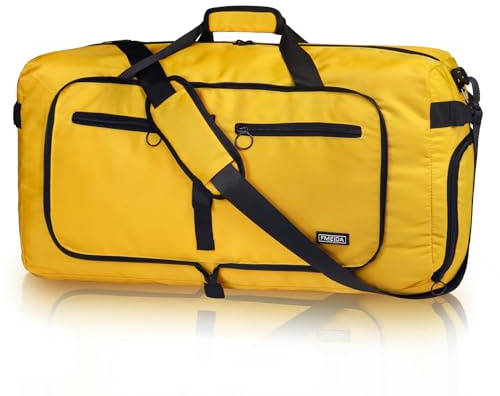 Fmeida 65L Foldable Travel Duffle Bag Waterproof Holdall Luggage Bags | Sports Bag with Shoes Compartment, Large Weekend Overnight Gym Bag, for Men and Women, Lightweight, Yellow