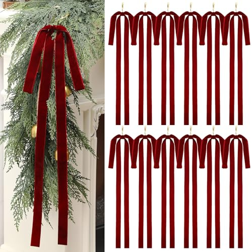 Janinka 12 Long Burgundy Christmas Velvet Bow Ornament Vintage Tree Decor