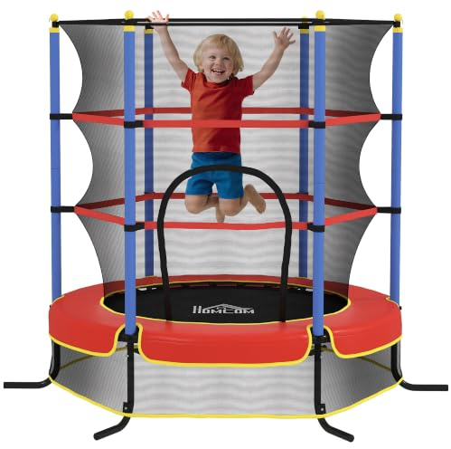 HOMCOM Trampolino Elastico per Bambini Età 3-10 Anni Ø175 x 190 cm Blu | Con Rete di Sicurezza, Tappeto Elastico, Pali Imbottiti, per Interno ed Esterno