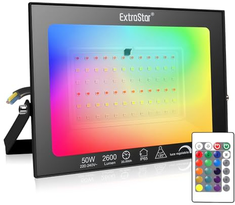 EXTRASTAR 50W Smart RGB LED Floodlight, 16 Colors Adjustable, Dimmable with Remote Control, IP65 Waterproof for Indoor/Outdoor Use Stage or Garden