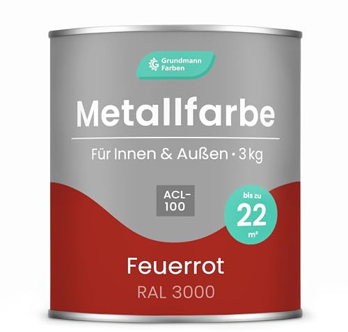 Grundmann Metallfarbe ACL 100 - Rot 3 Kg - Seidenmatt - 4in1 Metallschutzlack inkl. Rostschutz und Grundierung - RAL 3000 Feuerrot