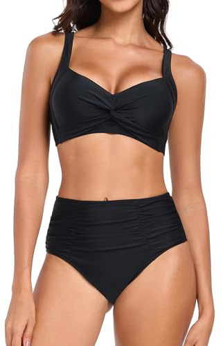 Women's Bikini Sets Twist-Front V Neckline High Waisted Tummy Control Two Piece Swimsuit Swimming Costumes Black,XL