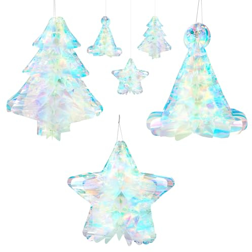 LOKIPA 3 PCS Christmas Iridescent Decoration，Christmas Hanging Ornaments Iridescent Foil Star Honeycomb Ball for Xmas Tree Decor New Years Party