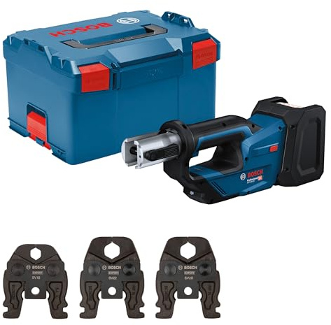 Bosch Professional 18V System Herramienta de Prensado a Batería GPT 18V-19 (19 kN de potencia, cabezal giratorio de 360°, incl. mordaza de prensa comp. SV15, SV22, SV28, L-BOXX)