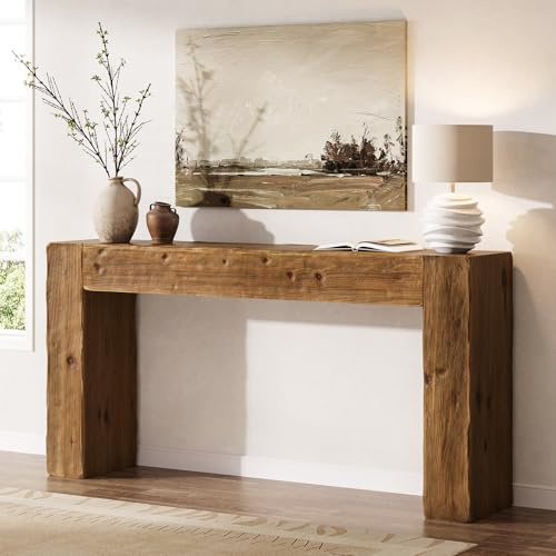 TRIBEWOOD Solid Wood Console Table, 63-Inch Farmhouse Sofa Table Behind Couch for Entryway, Living Room, Foyer, Easy Assembly (Rustic Brown)