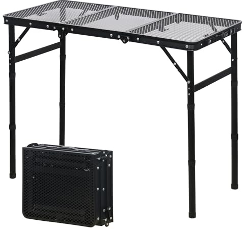 ZOESTORAGE Folding Camping Table,Metal Camping Table Ideal for BBQ,Picnic,Beach,Garden,Party,Grill Table with Mesh Desktop 87 * 40 * 26/48/70cm（Adjustable Height）,Black