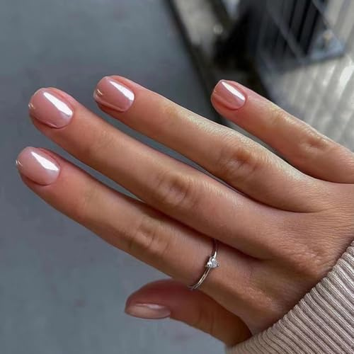 Viugex 24 stycken fransk press på nails, Aurora rosa konstgjorda naglar kort fyrkantig, elegant akryl full cover självhäftande naglar med nagellim klistermärken, återanvändbara naglar för att klistra