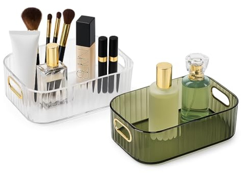 Esila Cestini Portaoggetti in Plastica, 2 Pezzi Organizer con Manici Dorati, Scatole Portaoggetti Trasparente e Verde, Ideale per Bagno, Cucina, Ufficio, Vestiti e Trucco