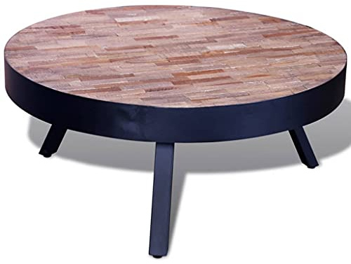 Todiikf Mesa de centro redonda de madera de teca envejecida de 76 x 31 cm, hecha a mano, madera reciclada y hierro negro, pequeña mesa auxiliar con 3 patas, vintage y moderna para salón, balcón
