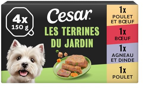 Cesar Repas pour Chien - Lot de 24 barquettes de 150g - Pâtée pour Chien en Terrine du Jardin (4 variétés) - Nourriture Humide pour Chien Elaborée avec des Ingrédients Naturels
