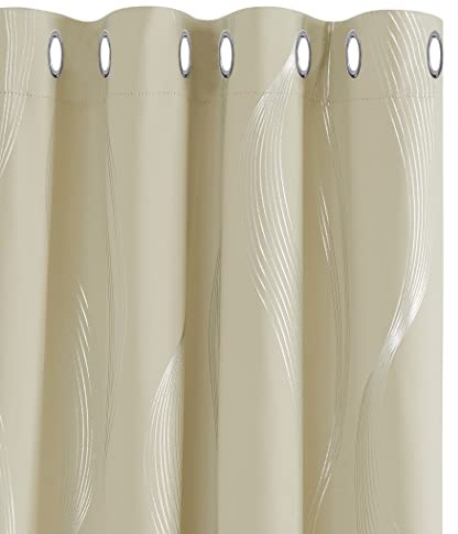 Deconovo Decorative Silver Wave Line Foil Printed Blackout Curtains Thermal Insulated Eyelet Curtains for Baby Nursery 52 x 54 Inch Beige Two Panels