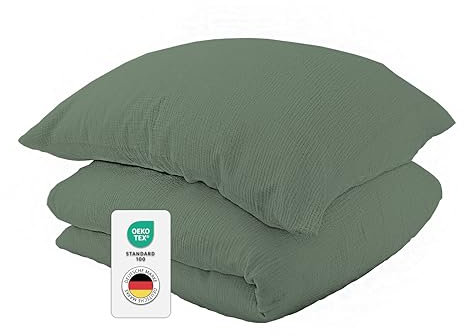 jilda-tex Bio-Bettwäsche Musselin Medina 100% Bio-Baumwolle Knitterlook Bügelfrei Uni Made in Green (Grün, 135x200 + 80x80 cm)