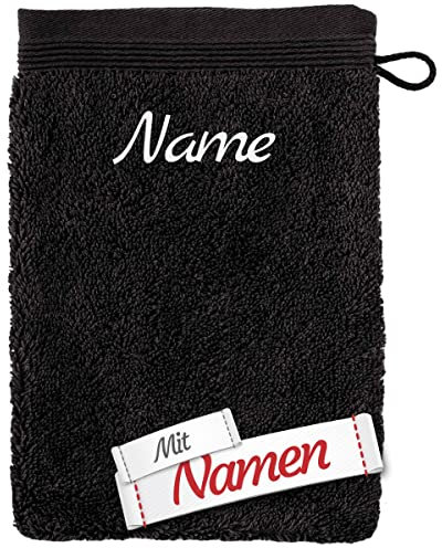 möve Superwuschel Waschhandschuh mit Namen Bestickt, Schwarz Baumwolle Frottee, Waschlappen besticken Lassen, Waschtuch personalisiert