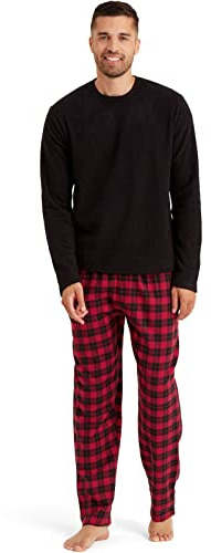 Snuggaroo Conjunto de pijama de forro polar suave para hombre con parte superior de manga larga y parte inferior a cuadros, negro/ rojo, XXL