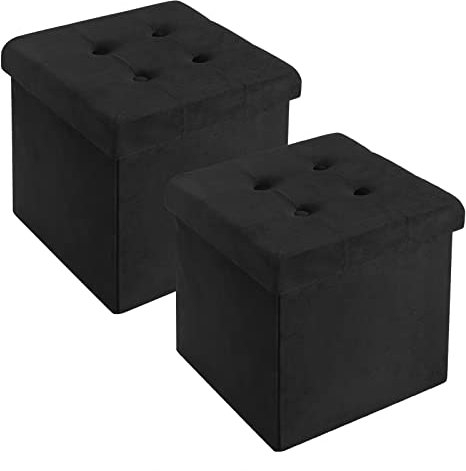 WOLTU 2er Set Faltbarer Sitzhocker, Sitzwürfel mit Stauraum Sitzbank Truhen Aufbewahrungsbox, Deckel Abnehmbar, Gepolsterte Sitzfläche aus Samt, 37,5x37,5x38CM(LxBxH), Schwarz