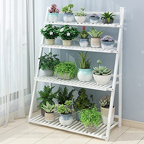 4 Tier Ladder Plant Shelves, Folding Flower Pot Holder Garden Display Shelf 4 Colors Flower Pot Stands Bamboo Holder Planter Display Shelf for Home Garden Patio Balcony Étagère À Plantes