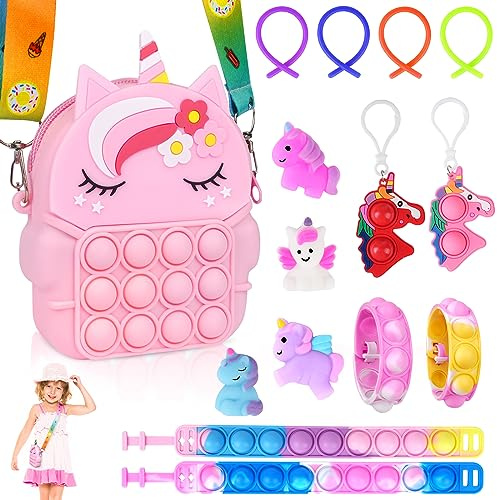 Ainiv Enhörningspresent för flickor, 15 st Fidget Leksaker för Barn, Fidget Leksaker Enhörningsset Gåvor till flickor 3 4 5 6 7 8 9 10 År Anti Stress Leksakssats, Pop It Leksak Set Flicka - Rosa Färg