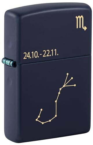 Zippo stormtändare – Zodiac Scorpio, Navy Matte, Laser Engrave – påfyllningsbar – återanvändbar – vindbeständig design – presentförpackning – tillverkad i USA