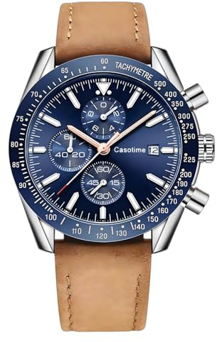 Casotime Orologio Cronografo Uomo in Pelle - Impermeabile 30M, Quarzo Analogico con Data, Quadrante Grande - Classico ed Elegante per Tutti i Giorni, Lavoro & Sport - Regalo Elegante per Uomini