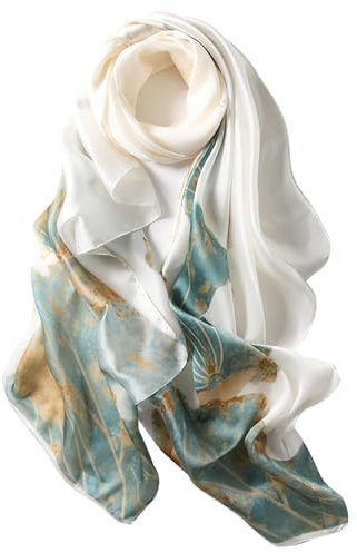 vimate Großer Seidensatin-Schal-Sommer Damen Elegant Leicht Weiß Grün Floral Schal Schals Strand Langer Kopf Wraps mit Geschenk Verpackt (DE-Style 04)