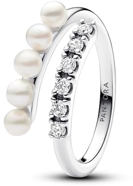 PANDORA Timeless Anello aperto, in argento Sterling con perla coltivata d'acqua dolce trattata bianca e zirconia cubica trasparente, 54
