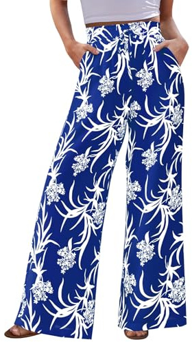 CFLONGE Palazzo Pants for Women Casual 2026 Summer High Waist Floral Wide Leg Pant Trendy Boho Trousers Fashion Beach Outfits(Blue,Large)