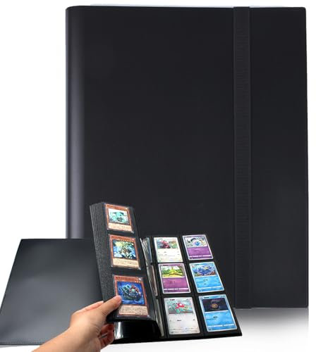Raccoglitore Carte Maniche 360 Tasche con Cinghia Elastica, Album Trasparente Impermeabile, Raccolta Carta Libro Carte Gioco, Caccoglitore Magic Doppia Pagina per Yugioh, MTG,Stumble Guys,Lorcana Nero