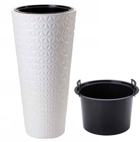 B2C Round Tall Plant Pot Elegant Large Flower Indoor Outdoor Garden Planters 3D Diamond Texture Plastic Lightweight Modern Patio Home Decoration With Insert (White, H58cm x D 29.5cm)