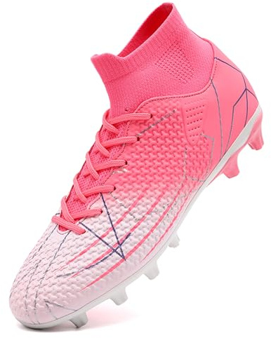 VTASQ Pojkar fotbollsskor barn gräs fotbollsskor professionella tonåringar friidrott sneakers utomhus halkfria träning fotbollsskor höga topp fotbollsskor spikar, Rosa, 37 EU