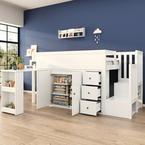 Soweiz Cuna, cama alta para niños con escritorio extensible y compartimento lateral de almacenamiento, con armario, con cajón, con escalera y armario para escaleras, sin colchón, color blanco 90 x 200