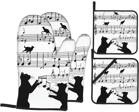 4 Pcs Cute Black Cat Animal Music Note Oven Mitts and Potholders,Kitchen Oven Glove with Pot Holders,Non-Slip Gloves High Heat Resistant 500 Degree for BBQ, Grill, Baking, Cooking, Oven, Microwave