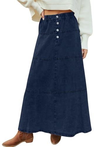 loveimgs Women Casual Denim Maxi Skirt Elastic High Waist Tiered A Line Long Jean Skirt Y2k Western Patchwork 2025, Dark Blue, M