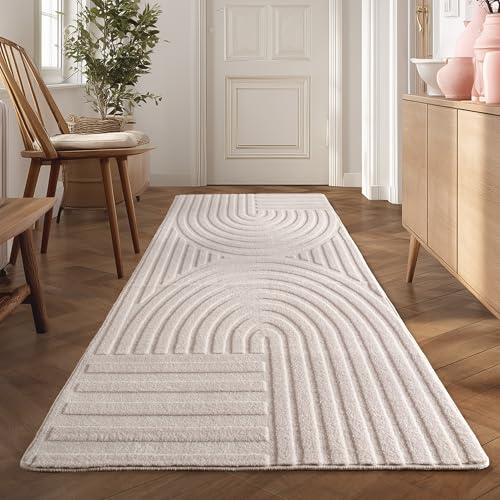 Teppium Boho Teppich Läufer 80 x 150 cm Creme – Waschbar & Pflegeleicht – Weicher Skandinavischer Deko Teppich mit 3D-Effekt – Ideal für Flur, Küche oder Schlafzimmer