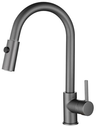 Zynuhmo Niederdruck Armatur Küche Ausziehbar Anthrazit,360° Drehbare Küchenarmatur,Wasserhahn mit 3 Anschluessen für Boiler,Hoher Bogen Mischbatterie Küche mit 2 Modi Brause, Edelstahl