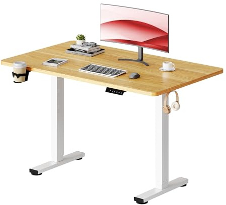 SANODESK Scrivania Regolabile in Altezza con Piano Completo – Inclusi 4 Accessori: Portabicchieri, Gancio, Contenitore e Gestione Cavi, con Funzione di Memoria, per Ufficio e Tempo Libero