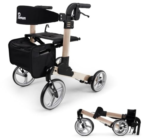 Parvum Luxo Rollator - Leicht & 2-fach faltbar – Mit integriertem Bremssystem, gepolsterter Sitz- und Rückenlehne, Tasche, Stockhalter – 6,8 kg – Gehhilfe für Senioren 148–165 cm - Champagner, Small