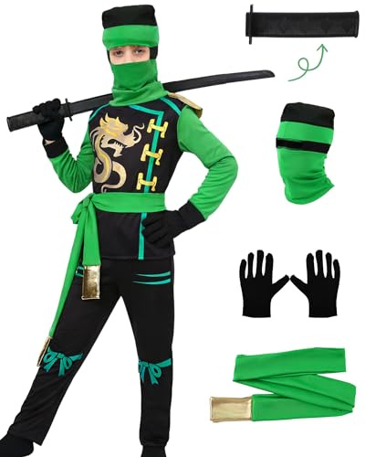 Dtiaagto Tenue Ninja Garçon Vert, Déguisement Guerrier Traditionnel Enfant, Tenue Déguisement Garçon, 6-8 Ans