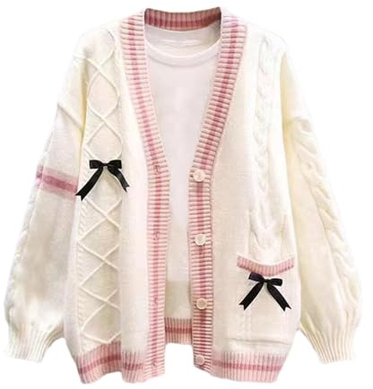 Womens Cute Sweet Cardigan Sweater Long Sleeve V-Neck Bowknot JK School Uniform Cardigans Knitted Sweaters