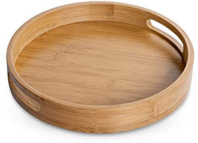 XGzhsa Bamboo Serving Tray with Handles, Round Food Tray Made of Natural Bamboo Material, Ideal for Bread, Fruit, Coffee, Milk, Tea and More (25 x 25 x 5cm)
