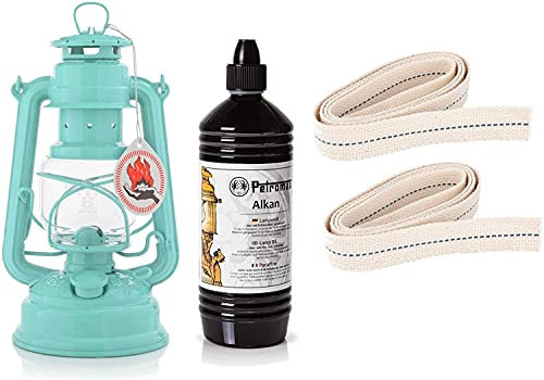Feuerhand Starter-Set Sturmlaterne Baby Special 276 Set mit 1 Liter Alkan und 2 Ersatz-Dochten (Lichtgrün)