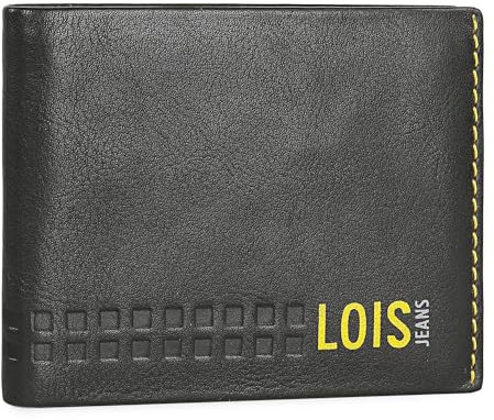 Lois - Cartera de Piel para Hombre - Cartera Hombre Piel con y Tarjetero, diseño Slim, Cuero auténtico, Regalo Elegante. Proteccion RFID, Negro-Amarillo