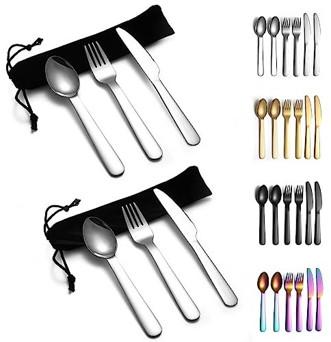 Evanda Paquete portátil Campingbesteck 2, incluye Messer Gabel Löffel, Edelstahl Reisebesteck mit schwarzer Tasche, für Outdoor, Picknick, Camping, Reisen, spülmaschinenfest