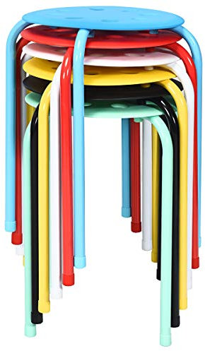 GOPLUS Lot de 6 Tabourets Empilables, Tabourets Légers sans Dossier avec Cadre en Métal Et Siège en Plastique, Tabourets Ronds Polyvalents, Noir/Couleurs Assorties/Noir + Gris (Multicolore)