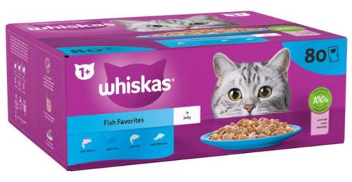 whiskas 1+ Fish Favourites Adult Wet Cat Food Pouches in Jelly 80 × 85g Pouches (1+ Fish Favourites)