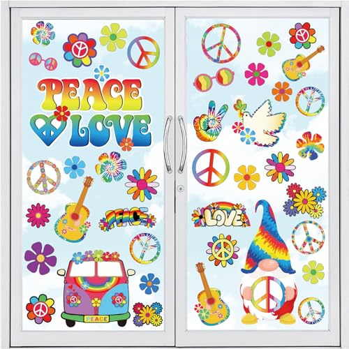 Whaline 9 Blatt 60er Jahre Hippie Fensteraufkleber Retro doppelseitige bunte Blumen Zwerg Fensteraufkleber Hippie Groovy Peace & Love Fensteraufkleber für Zuhause Schule Büro