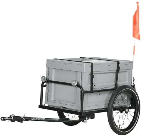 HOMCOM Fahrradanhänger mit Aufbewahrungsbox, abnehmbar und faltbar, 65 l, Reifen und Sicherheitsreflektoren, maximale Belastung 40 kg, Grau