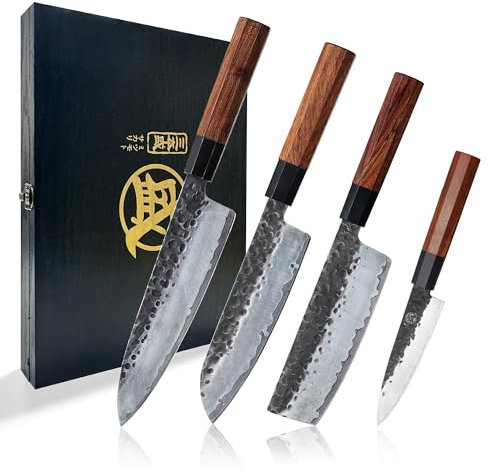 MITSUMOTO SAKARI Set Couteau Cuisine de 4, Set de Couteaux de Cuisine Forgés à La Main, Couteau Japonais en Acier à Haute Teneur en Carbone à 3 Couches (Boutique Boîte en Bois)