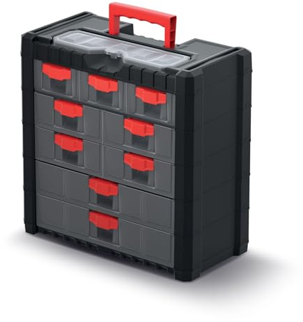 Caja organizadora maletín para herramientas | Portátil con asa | Apilable | Se puede colgar | 9 cajones con sistema de bloqueo | 40 x 20 x 39,2 cm | de plástico resistente