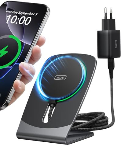 INIU Cargador Inalámbrico iPhone, 15W Certificado Qi2 Base Carga Rápida Magnética y Soporte Móvil, Mag-Safe Wireless Charger for iPhone 17 16 15 14 13 Pro Max Mini AirPods 4 3(con Adaptador USB C 20W)