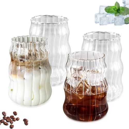 KYYGKY 4PCS Vasos de Cristal Agua 530ml, Tazas de Cristal para Cafe Ondulado y Transparente, Vasos de Cristal de Borosilicato para Latte, Juego de Tazas de Cafe para Leche, Cerveza,Té, Helado